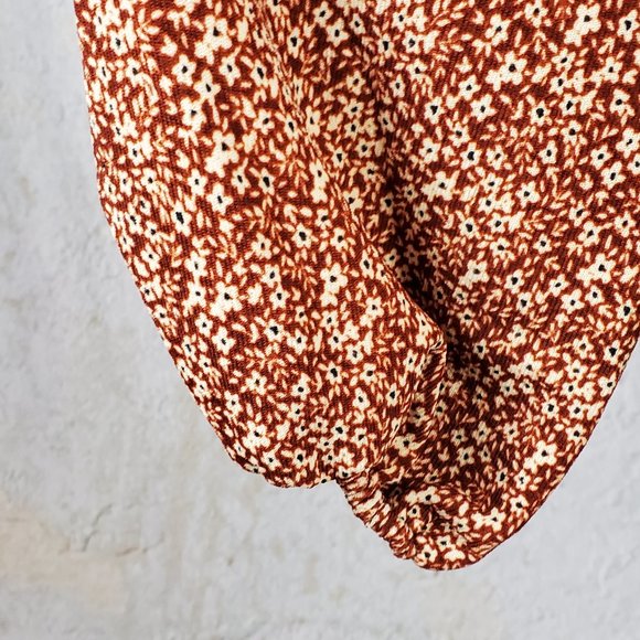 Rust Colored, Floral Baby Doll Top, with Bell Long Sleeve - Picture 3 of 5